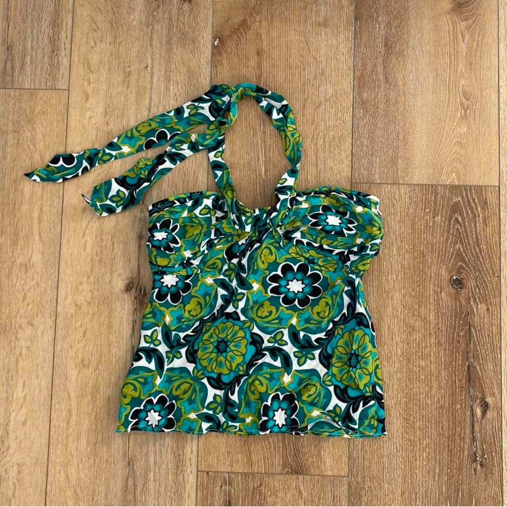 Ann Taylor Green, Turquoise, Blue paisley floral print silk halter tank top